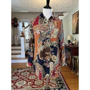 CHICOS Sz 0 4/6 Reversible Button Up Shirt Paisley Blue Gold Classic Collar